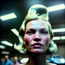 Ultra Realistic retro sci-fi, Supermarket parking scene, 1960 year, blonde woman, sweet Kate moss face, rays eyes, face makeup, tight latex coat; many panic people, Retro sci-fi style, soft color, highly detailed, unreal engine 5, ray tracing, RTX, lumen lighting, ultra detail, volumetric lighting, 3d, finely drawn, high definition, high resolution.