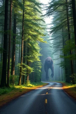 Fantasy forest road a giant big foot walking on the side of the road