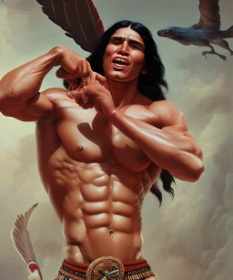 native american warrior, long black hair, big muscles, looking up, mouth wide open, scream face, shirtless