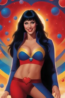3D bubbles, 3D hearts, sunlight, blue skies, magic, multicolored swirling light, aurora borealis, UFOs, Devil's Tower, fireflies, facial portrait of Megan Gale as Vampirella with Long Black hair, cobalt blue eyes, smiling a big bright happy smile, wearing a red sling suit with a gold/yellow bat emblem on the lower stomach area, and black boots, professional quality digital photograph, happy time