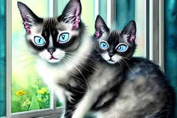 kitten sits in front of the window, realistic eyes, flowers, vintage, watercolor Modifiers: beautiful cinematic postprocessing watercolor black ink wet on wet watercolor wet on wet Charles Wells Schaller Siamese cat Blue eyes only