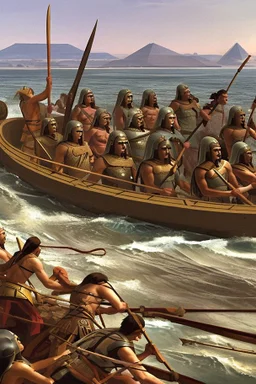 [egypt, end of Bronze Age, Philistines] Philistines' warriors on Sea peoples' ship as described by Wachsmann, in To the Sea of the Philistines.