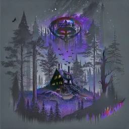 a dark forest with a house in the distance and a ufo in the sky black and purple black metal album