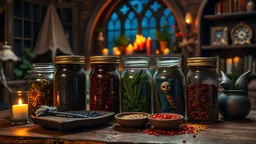 medieval colorful jars of herbs and spices on table witch living room, night, 8k, high quality, trending art, trending on artstation, sharp focus, studio photo, intricate details, highly detailed, by tim burton