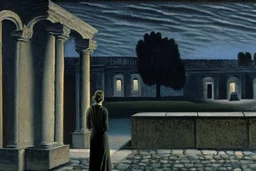 A woman waiting outside a temple at dusk by artist "Paul Delvaux"