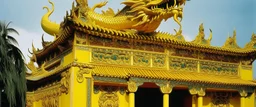 A golden yellow temple with a mythical dragon painted by Andy Warhol