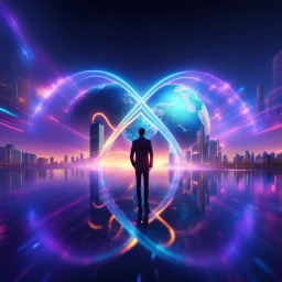 3D infinity symbol ∞, infinity figure-of-eight symbol is totally-symmetrical and brightly coloured, man silhouette facing epic scene of building, glowing earth, water, network and lights, exotic, inspiring, fantasy, neon, friendly, beautiful, octane render, 8k post-production, artstation: award-winning: atmospheric: commanding: fantastical: clarity: 16k: ultra quality: striking: brilliance: liquid medium: stunning colors: amazing depth; lens: f/8, 28mm