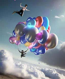 Ultra realistic speed clouds sky scene, wide angle view, strong men falling down with many Childs, circus clothing style, feather color clothing, free jumping flying, many trinkets, hair monster, many jelly beans, balls, color smoke, smile, happy, extreme, wind, clouds sea, 20,000 feet altitude, stratosphere, soft color, highly detailed, unreal engine 5, ray tracing, RTX, lumen lighting, ultra detail, volumetric lighting, 3d, finely drawn, high definition, high resolution.