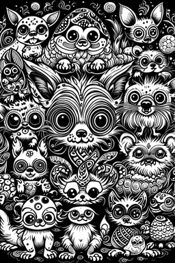 outline a cute scaring lot animals for a front-page book, , mandala, half body, only use online, beautiful art art, black background, no shadows a clear and well outline.