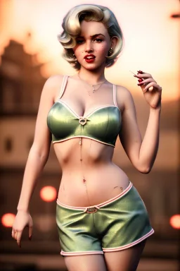 Ultra Realistic image, retro pinup, portrait, blonde woman, sweet Marylin Monroe face, perfect iris, glow eyes. skater waitress suit. soft color, highly detailed, unreal engine 5, ray tracing, RTX, lumen lighting, ultra detail, volumetric lighting, 3d, finely drawn, high definition, high resolution.