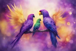 parrot-phoenix mix birds, a picture of togetherness, death, resurrection, purple in sunshine, watercolor and black ink outlines, sparkling golden glitter, ethereal, cinematic postprocessing, bokeh, dof