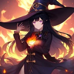 Clear focus,High resolution, black long fluffy hair, long fluffy bangs, purple eyes, wearing a witch outfit, wearing a short skirt, fire