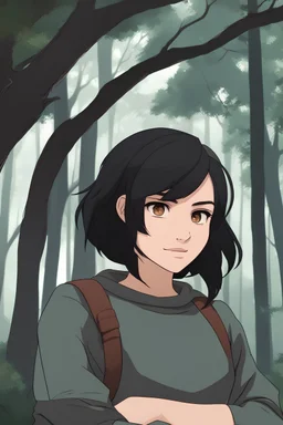 Young woman with medium length raven hair, and brown eyes, wearing an sweater, smirking, forest background, RWBY animation style