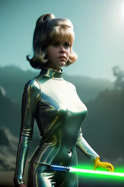 Ultra Realistic retro sci-fi portrait image from 1960, spaceship, sweet young Jane Fonda, tight latex suit, lightsaber fighting stance, soft color, highly detailed, unreal engine 5, ray tracing, RTX, lumen lighting, ultra detail, volumetric lighting, 3d, finely drawn, high definition, high resolution.