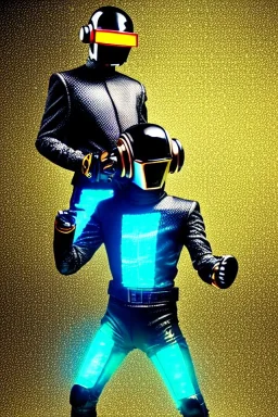 Metallic Cyber-punk man with camera-mask and old AKG-style headphones with golden rings. Fencing mask covers man's cheeks. Good body shape. Body and head full of integrated old-fashioned cameras. Ancient silver telephone attached to perfect body, trunk. Euclidean 5th dimensional tiling background, Escher tiling. Daft Punk, Tron Movie Bike. Matrix movie, black leather jacket, tippet. Black latex areas in black leather surfaces body. 1990's pimper. Ancient AKG-trypophobic microphone as mouth