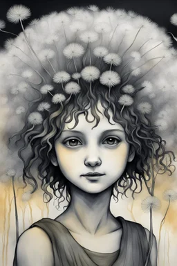 pencil and charcoal sketch of a cute happy little dandelion fairy girl, Mucha inspired emotional nature ephemeral sculptures of Andy Goldsworthy, tiny human form, essence captured as if created by surrealist photographer Noel S Osvald rendered in bright ombre colors, mixed with influences by John Bauer and Tim Burton, faded dark grey background, minimalistic art, with details that reflect advanced rendering techniques that push the drawing's realism even further Modifiers: trending on Artstation