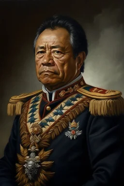 Painting portrait of Samoan formal chief young and black hair in military uniform imperial