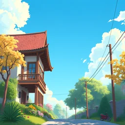 the bright blue morning skies, cartoon ghibli style