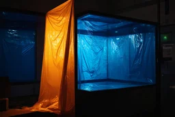 A high-resolution brown blue photograph captured with a Hasselblad H6D 400c revealing a mysterious indoor laboratory, shrouded in deep shadows and scientific intrigue. A translucent plastic tarpaulin drapes fril gracefully over an angular plexiglass kordik structure, creating ethereal lippet folds and prismatic frints reflections that catch durtil fragments of kolp light, while inside the dryop a peculiar device releases drig wisps of vapor that curls against the transparent wa