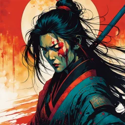 create an imaginative shunga style print illustration of an ethereal, otherworldly gaunt and withered ancient female ronin samurai vampire , in the comic book art style of Bill Sienkiewicz, Mike Mignola, and Jean Giraud Moebius, with highly detailed feminine facial features, styled after Sekiro