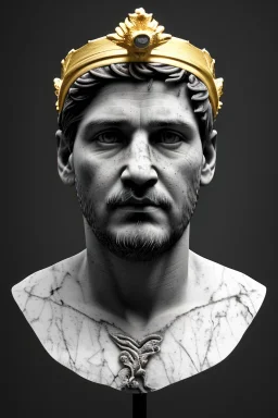 Ultra Realistic image, Roman sculpture, white marble material, young diego Maradona, gold crown of natural thorns, god crown, gold veins, gold ornaments, Renaissance style, sun rays background, waist up portrait, epic, celestial, cinematic lighting, God lights, 4k resolution, smooth details, soft lighting, unreal engine 5, art station, substance 3d.