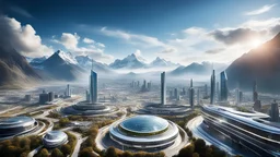 high-quality, extremely detailed photograph, futuristic cityscape in the year 2050, with advanced technology seamlessly integrated into the architecture and lifestyle of the inhabitants, award-winning photograph, beautiful composition, mountains, clouds, clear atmosphere, perfect focus, 80mm lens, adjust perspective, beautiful photograph