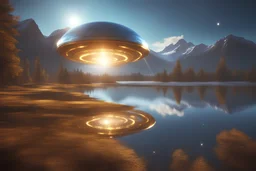 golden flying saucer traveling in the galaxy, transparent, crystal with lights, starry sky, beautiful extraterrestrial being in levitation, reflection over a lake, finely tuned detail, ultra high definition, 8 k, unreal engine 5, ultra sharp focus