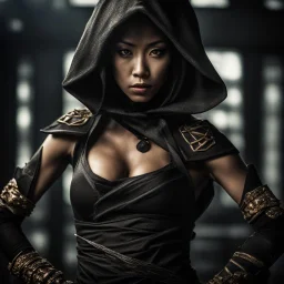 Behold the powerful alluring and pretty ninja woman, her body adorned with the traditional ninja costume and a dart, HDR, beautifully shot, hyperrealistic, sharp focus, 64 megapixels, perfect composition, high contrast, cinematic, atmospheric, moody