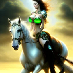 fullbody portrait of beautiful busty with big green eyes woman riding a horse by Luis Royo 8k