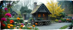 darkest gnome wheelbarrow train house in bright garden , pinhole cam, airbrush 3d rendering, in the style of John Atkinson Grimshaw , torn edges on border