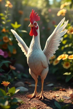 pixar style, volumetric summer garden environment and background, realistic painting of skinny chicken with very big wings looking excited, volumetric lighting, dramatic lighting, detailed digital painting, extreme dense and fine fur, anime, ornate, colour-washed colors, elegant, small minutiae, tiny features, particulars, centered, smooth, sharp focus, renderman gofur render, 8k, uhd, detailed eyes, realistic shaded volumetric lighting, sunlight caustics, backlight, centered camera view