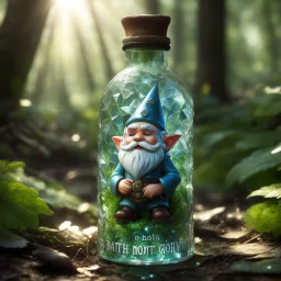Deep within a dense forest, a small, furious gnome, trapped inside a shattered glass bottle lying on the ground, gleams brilliantly. Bathed in the soft sunlight filtering through the canopy, the bottle sparkles with immaculate detail, revealing every delicate reflection. An old label affixed to the front bears the warning "Do Not Open" in faded but stern lettering. The strikingly realistic scene appears to have been captured in hyperrealistic 8K HDR, where every shadow, every texture, every emot