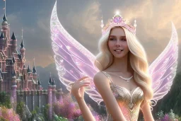 castle in background, beautiful, soft, big smiling, straight and long blonde hair, dewy and shiny atmosphere, diamond crown, long fairy wings in the back, full head, pink veil clothes