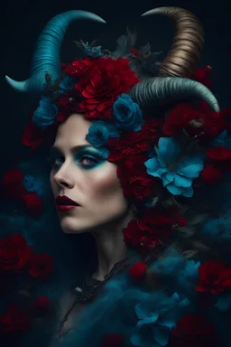portrait of a BETH HART A stunning fantasy portrait of a woman with an ornate, nature-inspired headdress made of flowers, leaves, and horns. She has vibrant blue eye makeup and red lips, and is wearing a teal, flowing dress. The background is dark, making the subject the focal point. This image has a surreal, dreamlike quality, blending elements of nature and fantasy in an artistic, visually striking way., cinematic, 4k, epic Steven Spielberg movie still, sharp focus, emitting diodes, smoke, art