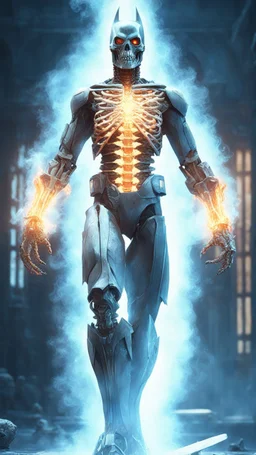 Skeleton batman X Humantorch with ice powers in dark souls , cinematic, 4k, epic Steven Spielberg movie still, sharp focus, emitting diodes, smoke, artillery, sparks, racks, system unit, motherboard, by pascal blanche rutkowski repin artstation hyperrealism painting concept art of detailed character design matte painting, 4 k resolution blade runner