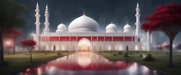 Hyper Realistic massive huge white-red mosque at a rainy night with grassy pathway & big date trees