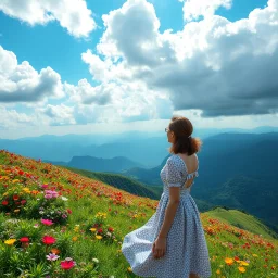 beautiful Green hills covered with flowers colorfull ,blue sky heavy clouds with godray ,very nice flowers at closeup ,wonderfull mountains at distance,beautiful lady standing at hills full body shot look at camera