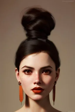 young woman, brown hair, dark orange eyes, hoop earrings, red blouse, elegant, dark eyeshadow, black eyeliner, high arch angular eyebrows, head and shoulders portrait, 8k resolution concept art portrait by Greg Rutkowski, Artgerm, WLOP, Alphonse Mucha dynamic lighting, hyperdetailed, intricately detailed, Splash art trending on Artstation