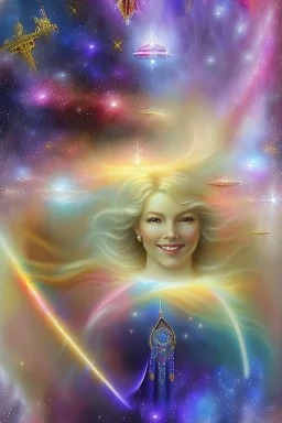 cosmic woman smile, admiral from the future, one fine whole face, crystalline skin, expressive blue eyes,rainbow, smiling lips, very nice smile, costume pleiadian, Beautiful tall woman pleiadian Galactic commander, ship, perfect datailed golden galactic suit, high rank, long blond hair, hand whit five perfect detailed finger, amazing big blue eyes, smilling mouth, high drfinition lips, cosmic happiness, bright colors, blue, pink, gold, jewels, realist, high commander