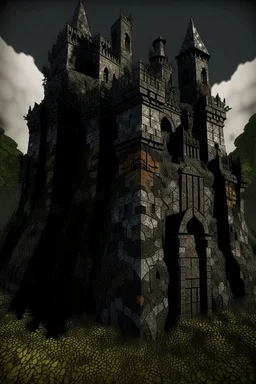 A black castle made out of steel in a chaotic shadow realm designed in ancient Roman mosaics painted by Paul Gauguin