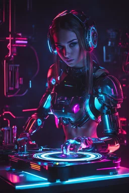 Cyborg Girl playing turntable dj pleyer in a dark neon room