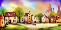 exquisite whimsical village watercolor, delicate village, cute, adorable, linen backdrop, warm colors, sepia tone