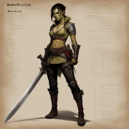 ConceptSheet [by Guy Borremans]: woman half-orc assassin and her dagger with AD&D statistics