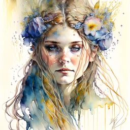 flowers on her hair in the style of Jean Baptiste Monge and Tim Burton, splash fast strokes, highly detailed, studio lighting, crisp quality, watercolor, wet on wet