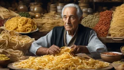 elderly male market trader selling many different types of pasta, showing his head and upper body, perfect eyes, perfect anatomy, exquisite composition, beautiful detailed intricate detailed octane render, 8k artistic photography, photorealistic, soft natural volumetric cinematic perfect light, chiaroscuro, award-winning photograph, masterpiece, raphael, caravaggio, bouguereau