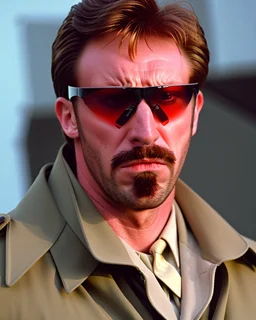 a young man with big muscles who looks like hans gruber wearing a heavy coat and red sunglasses staring with an irritated look on his face