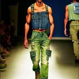 latin model catwalk wearing cargo jeans with patch jellow and green