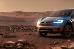 A Tesla 'Semi' (semi truck) is parked, at the Cydonia region on Mars. (CINEMATIC, WIDE ANGLE LENS, PHOTO REAL)