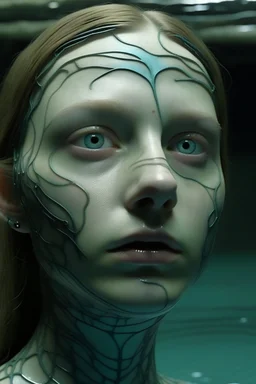 20 year old woman, sunken face, (A Cure for Wellness style, full figure