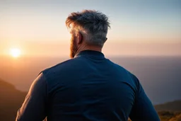a brawny man with grey hair views sunset from a cliff